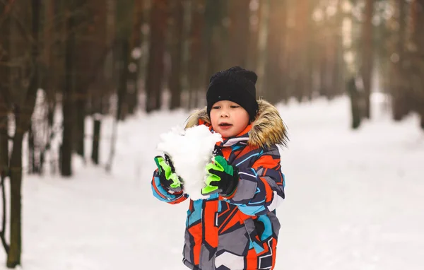 Маленький Мальчик Держит Кусок Снега Зимой Парке — стоковое фото