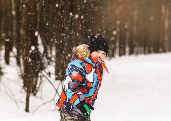 Мальчик Бросает Снежок Играть Снежки Зимой Парке — стоковое фото