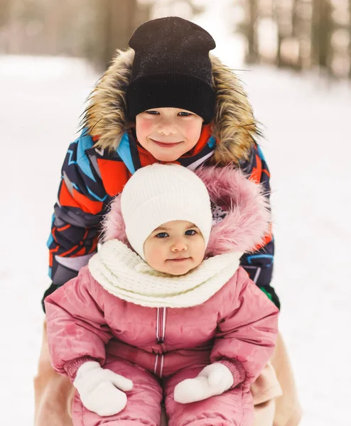 Kleine Geschwister Bei Einem Winterspaziergang Park Vertikal — Stockfoto