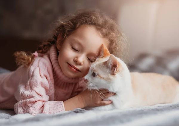 Küçük güzel kız yatakta kedi sakızıyla sarılıyor.