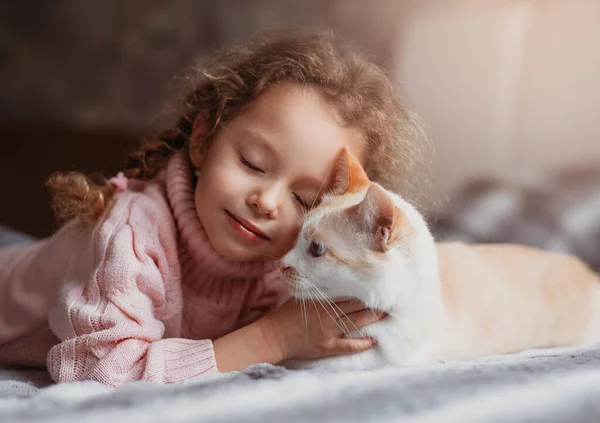Küçük Güzel Kız Yatakta Kedi Sakızıyla Sarılıyor Telifsiz Stok Imajlar