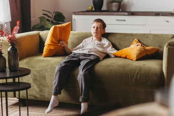 Sad Boy Sits Couch Teenage Depression — Stock Photo, Image