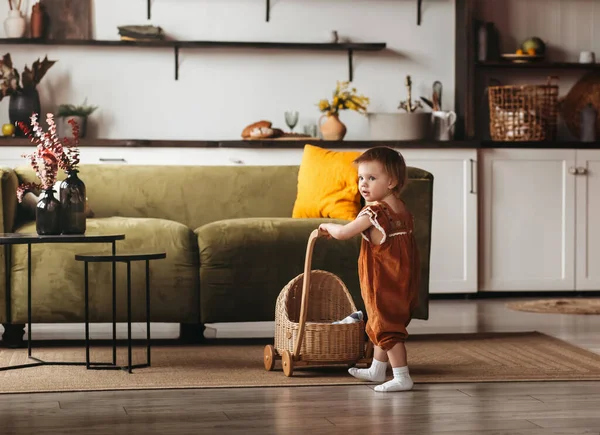 Little Girl Plays Dolls Pram Children Room Happy Childhood — Stock Photo, Image