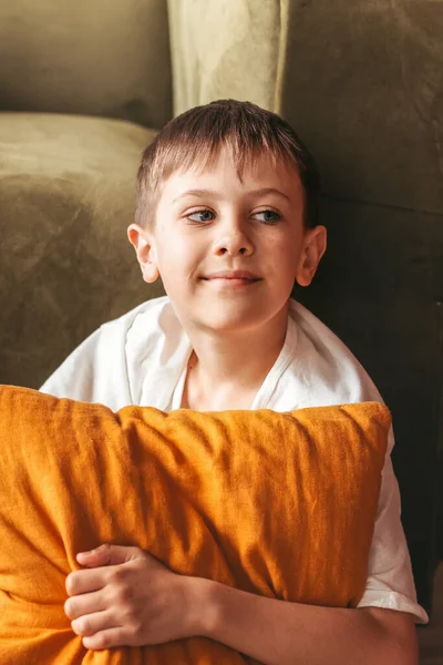 Smiling Boy Sits Sofa Living Room Teenager Rests Home — Stock Photo, Image