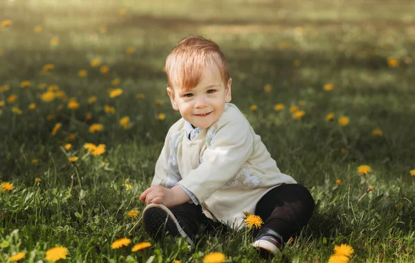 Smiling Boy Todler Plays Grass Summer Park — Stock Photo, Image