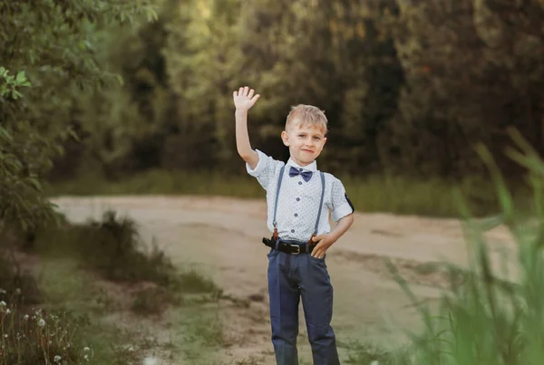 Little Boy Having Fun Waves His Hand Camera Nature Summer — Stock Photo, Image