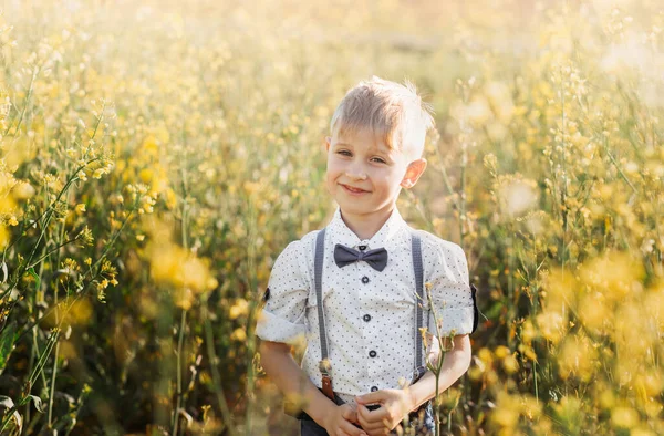 Little Cute Boy Oilseed Rape Field Rural Landscape — Stock Photo, Image