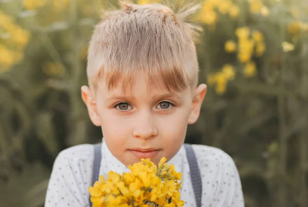 Little Boy Having Fun Nature Summer Cute Adorable Child Oilseed — Stock Photo, Image