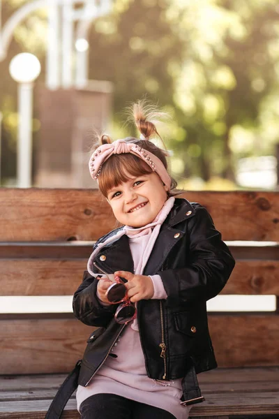 Little Fashionable Girl Black Leather Jacket Sits Laughs Terrace Summer — Stock Photo, Image
