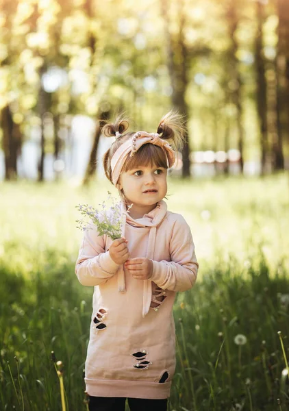 Маленька Дівчинка Маленьким Букетом Квітів Парку Влітку Милий Портрет Вертикальний — стокове фото