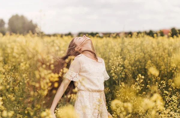 Young Beautiful Girl Long Hair Flying Wind Background Rapeseed Field — Stock Photo, Image