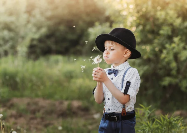 Little Boy Hat Blowing White Dandelion Child Retro Clothing — Stock Photo, Image