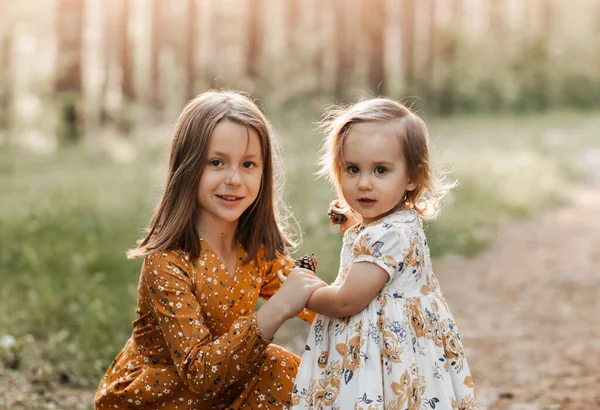 Дві Милі Сестрички Тримають Руки Парку Влітку — стокове фото