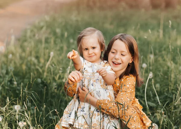 Дві Милі Сестри Грають Влітку Парку Сімейний Час — стокове фото
