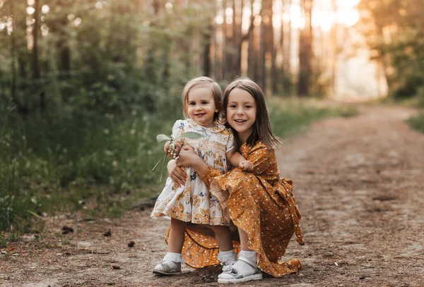 Deux Jolies Filles Sœurs Jouent Été Dans Parc Temps Famille — Photo