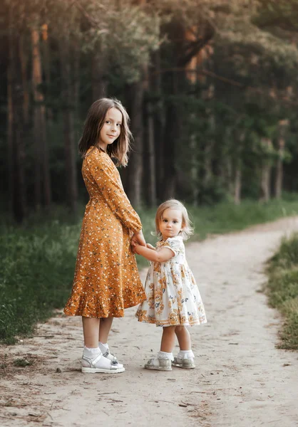 Two Cute Girls Sisters Play Summer Park Family Time — Stock Photo, Image