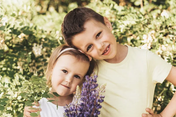 Щасливі Милі Діти Брат Сестра Хлопчик Дівчинка Природі Парку Обіймаються — стокове фото