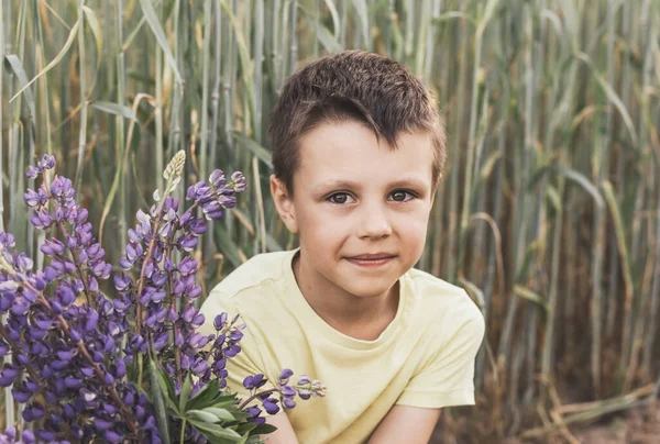 Schattig Jongetje Shirt Met Een Boeket Lupine Een Weiland — Stockfoto