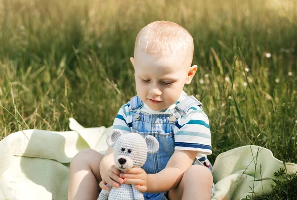 Little Boy Playing Park Toy Summer Little Boy Hugs His — Stock Photo, Image