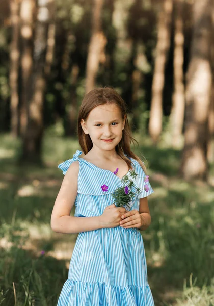 Красива Маленька Дівчинка Блакитній Сукні Квітами Природі Влітку — стокове фото