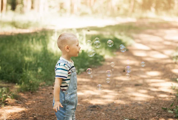 Little Boy Inflating Soap Bubbles Summer Nature — Stock Photo, Image