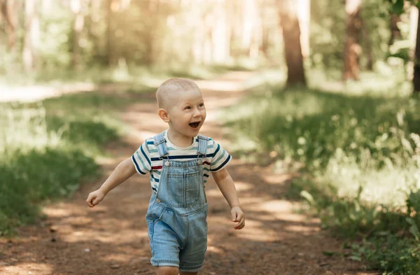 Een Jongetje Loopt Zomer Het Hoge Gras Het Park — Stockfoto
