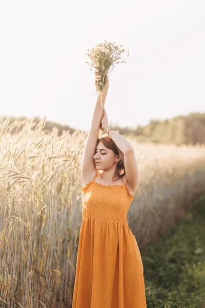 Молодая Красивая Девушка Стоит Пшеничном Поле Держит Букет Маргариток Руках — стоковое фото