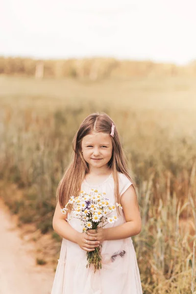 Liten Vacker Flicka Med Bukett Prästkragar Ett Vetefält — Stockfoto