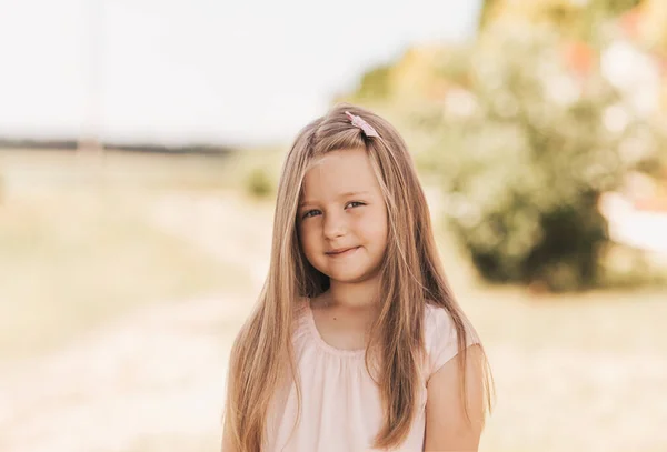 Egy Gyönyörű Szőke Kislány Portréja Búzamezőn — Stock Fotó