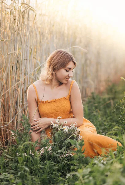 Genç Güzel Bir Kız Buğday Tarlasında Oturur Elinde Bir Buket — Stok fotoğraf
