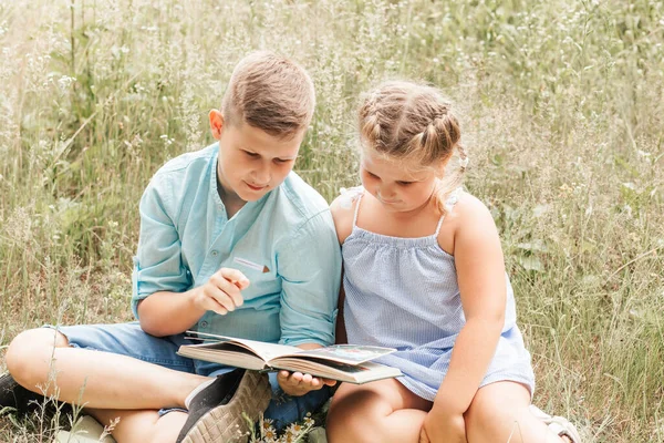 Pojke Och Flicka Bror Och Syster Läste Bok Tillsammans Naturen — Stockfoto