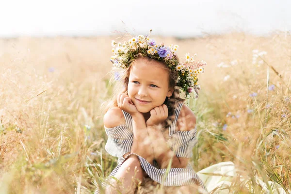 Linda Niña Sonriente Con Corona Flores Prado Retrato Adorable Niño — Foto de Stock