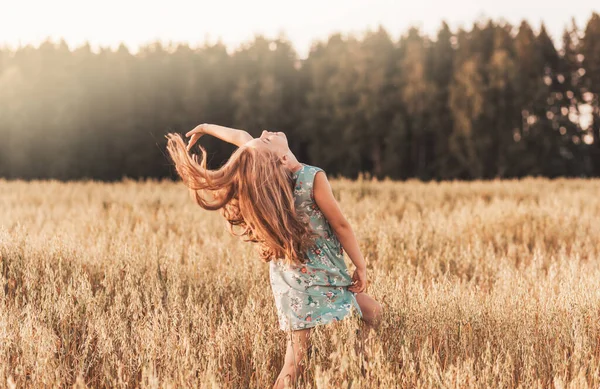 Happy Little Girl Runs Wheat Field Summer Sunny Day Summertime — Stock Photo, Image