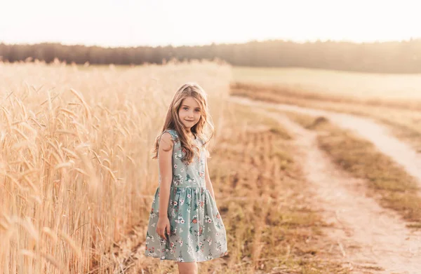 Красивая Маленькая Блондинка Длинными Волосами Ходит Пшеничному Полю — стоковое фото