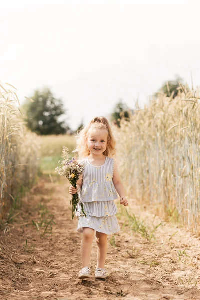 Liten Söt Blond Flicka Med Bukett Vilda Blommor Naturen Sommaren — Stockfoto