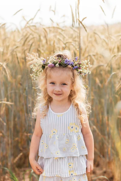 Klein Schattig Lachend Meisje Met Een Krans Van Bloemen Haar — Stockfoto