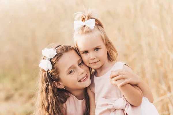 Two Cute Little Girls Dresses Hugging Nature Summer — Stock Photo, Image