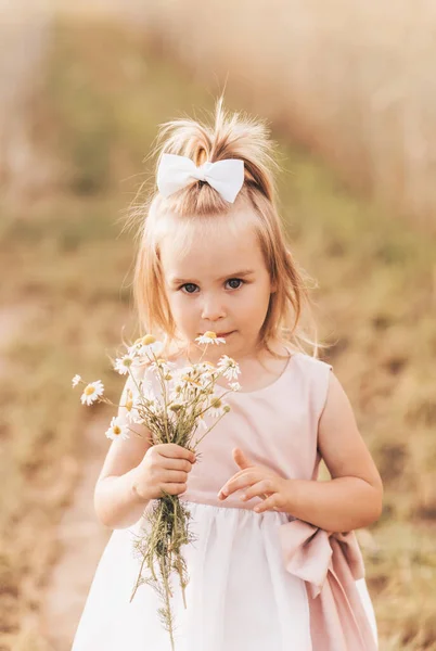 Μικρό Χαριτωμένο Ξανθό Κορίτσι Ένα Μπουκέτο Αγριολούλουδα Στη Φύση Καλοκαίρι — Φωτογραφία Αρχείου