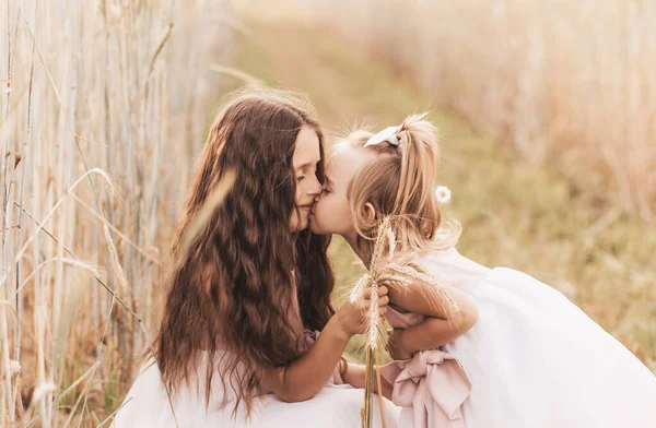 Older Sister Kisses Cheek Younger Summer Nature Kids Hug — Stock Photo, Image