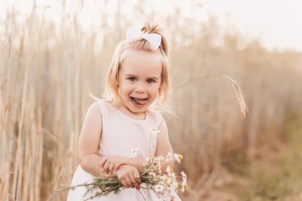 Little Cute Blonde Girl Bouquet Wildflowers Nature Summer — Stock Photo, Image