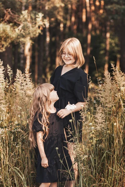 Två Flickor Systrar Kramas Naturen Sommaren — Stockfoto