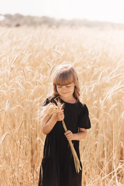 Маленькая Милая Девочка Длинными Волосами Держит Поле Колоски Пшеницы Летом — стоковое фото