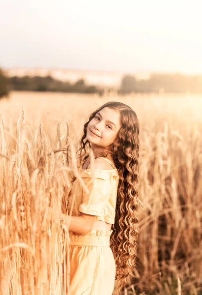 Красива Дівчина Підліток Довгим Волоссям Йде Через Пшеничне Поле Сонячний — стокове фото