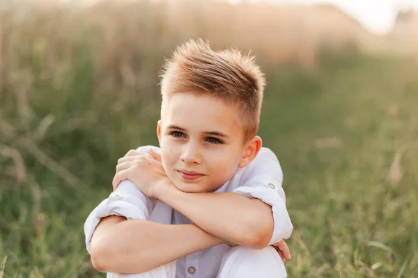 Small Handsome Boy Blonde White Shirt White Pants Nature Summer — Stock Photo, Image