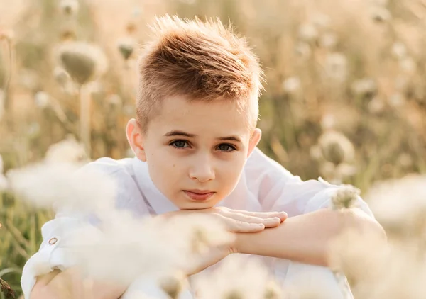 Small Handsome Boy Blonde White Shirt White Pants Nature Summer — Stock Photo, Image