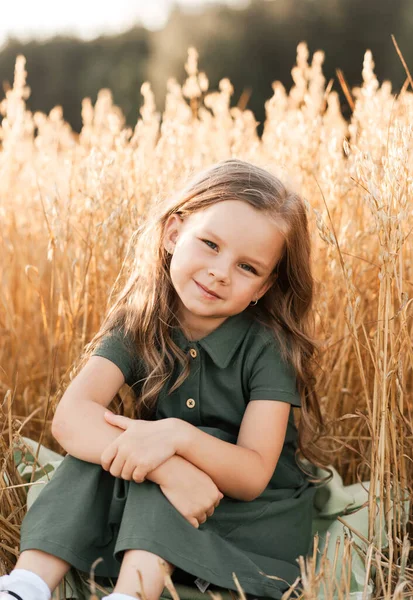 Mooi Klein Meisje Met Lang Haar Wandelend Door Een Tarweveld — Stockfoto