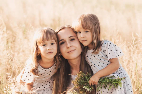 Máma Dvěma Dvojčaty Dívky Hrát Přírodě Létě — Stock fotografie