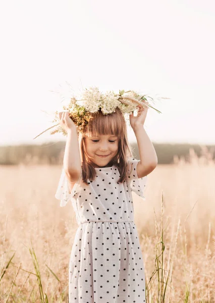 Маленькая Красивая Девочка Венке Цветов Голове Природе Летом — стоковое фото