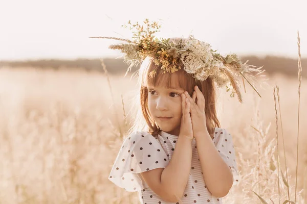 Niña Bonita Una Corona Flores Cabeza Naturaleza Verano — Foto de Stock