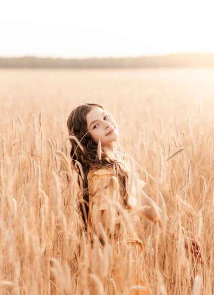 Güneşli Bir Günde Buğday Tarlasında Yürüyen Uzun Saçlı Güzel Bir — Stok fotoğraf